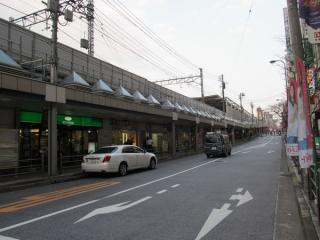 東急大井町線と並行する都道420号線。大井町線の高架下は店舗になっている。
