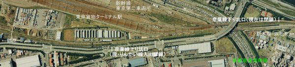 【原寸大・容量注意】東京貨物ターミナル駅付近の1989年の航空写真。矢印を付けた所が京葉線台場トンネルの坑口で、軌道は敷設されず放置されていたことが分かる。